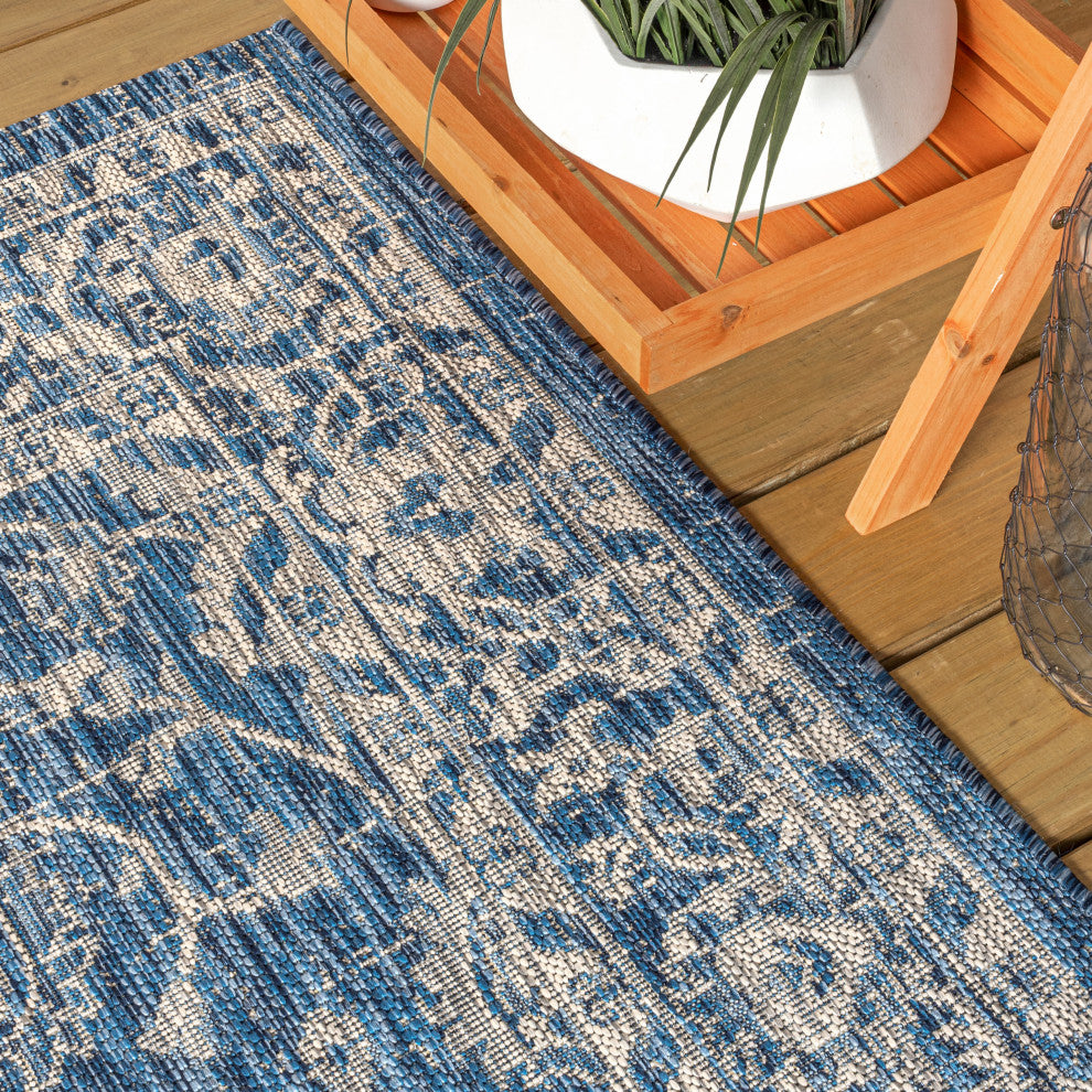 Palazzo Vine and Border Textured Weave Indoor and Outdoor Area Rug, Navy and Gra