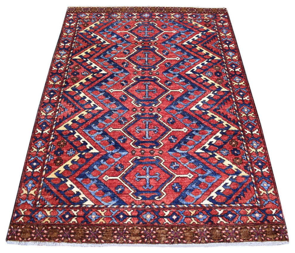 Brick Red Geometric Afghan Ersari Hand Knotted Pure Wool Oriental Rug 4'1"x6'0"