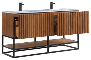 Terra Bathroom Vanity, Walnut/Matte Black With Carrara Marble, 60"