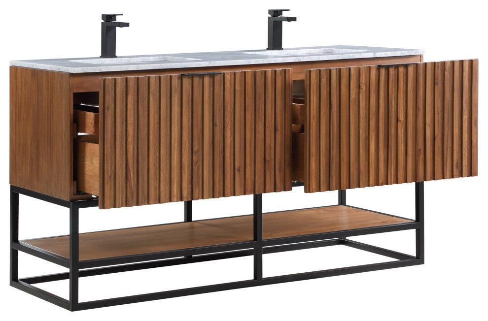 Terra Bathroom Vanity, Walnut/Matte Black With Carrara Marble, 60"
