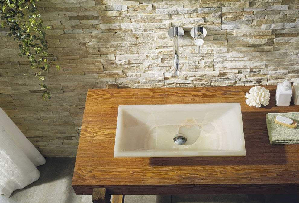 Virtu Ira Natural Stone Bathroom Vessel Sink, White Onyx Marble