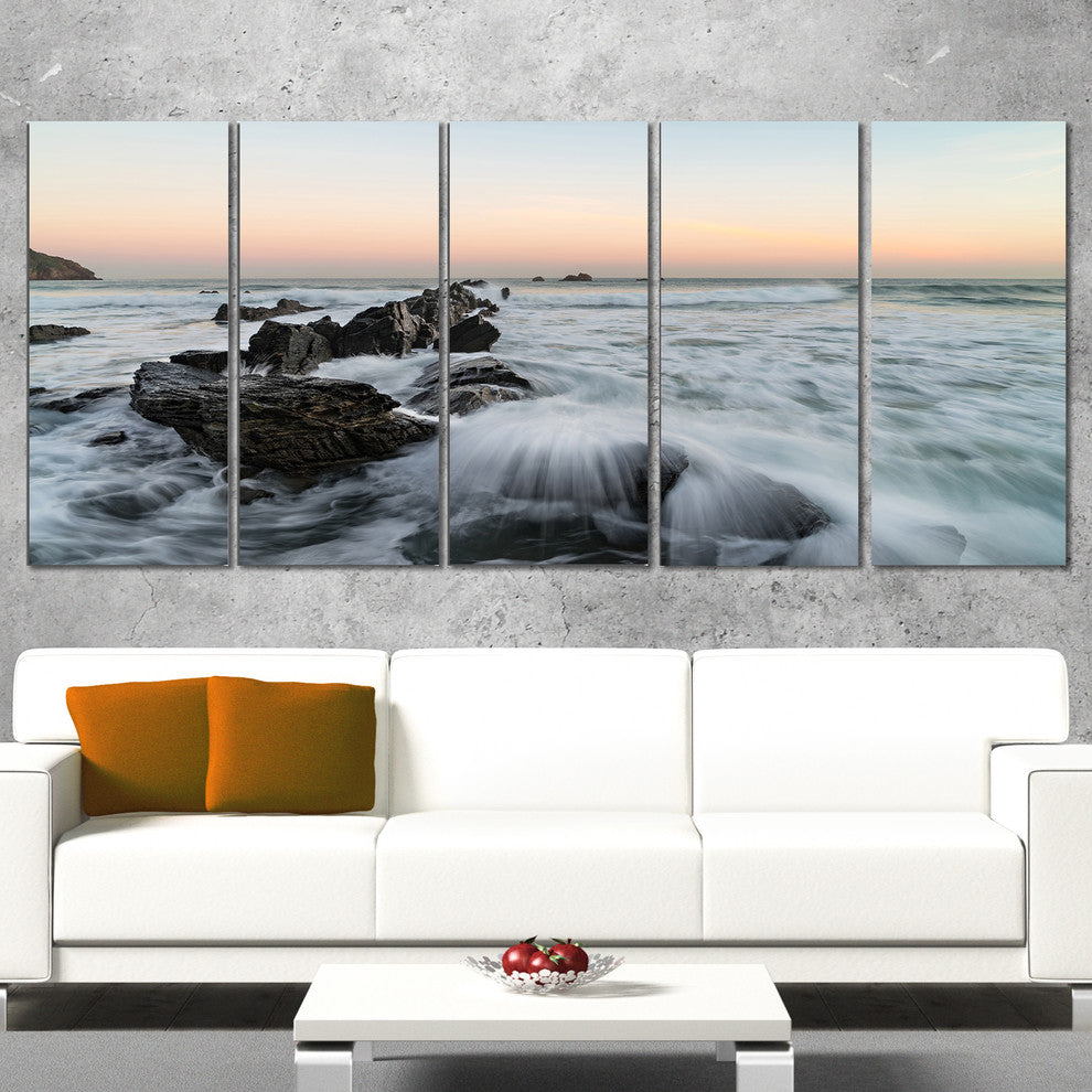 "Bay of Biscay White Waves Hitting Beach" Seascape Wall Art, 5 Panels, 60"x28"