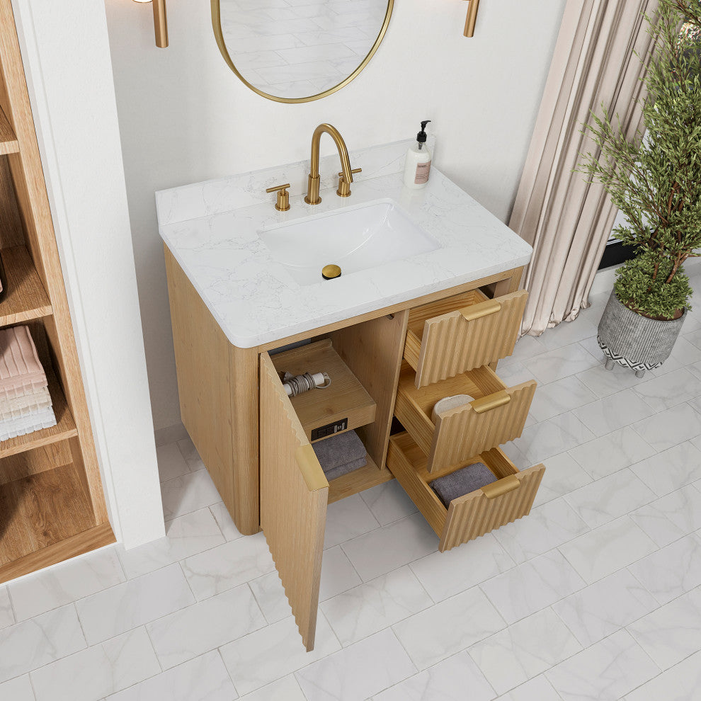 Vinnova Cadiz Bath Vanity, Composite Stone Top, Washed Ash Grey, 36", With Mirror