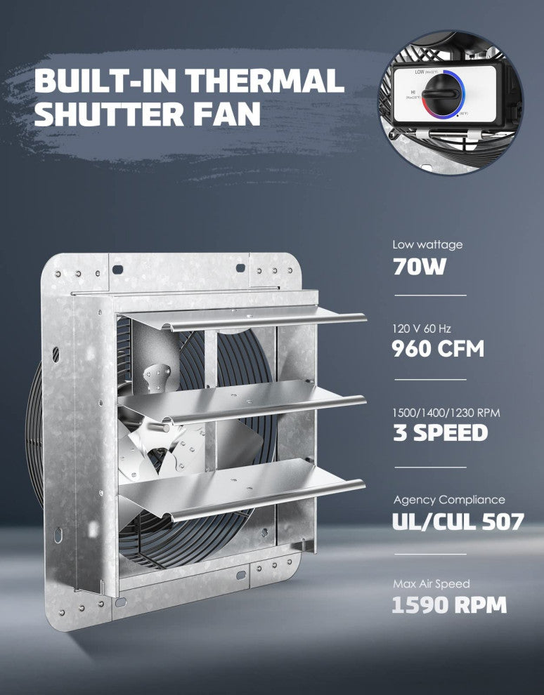 Wall Mounted Shutter Exhaust, 12" Fan With Thermostat