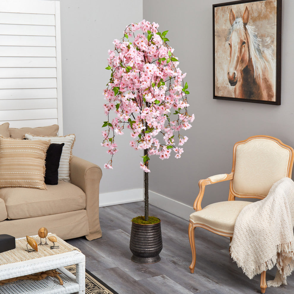6' Cherry Blossom Artificial Tree, Ribbed Metal Planter