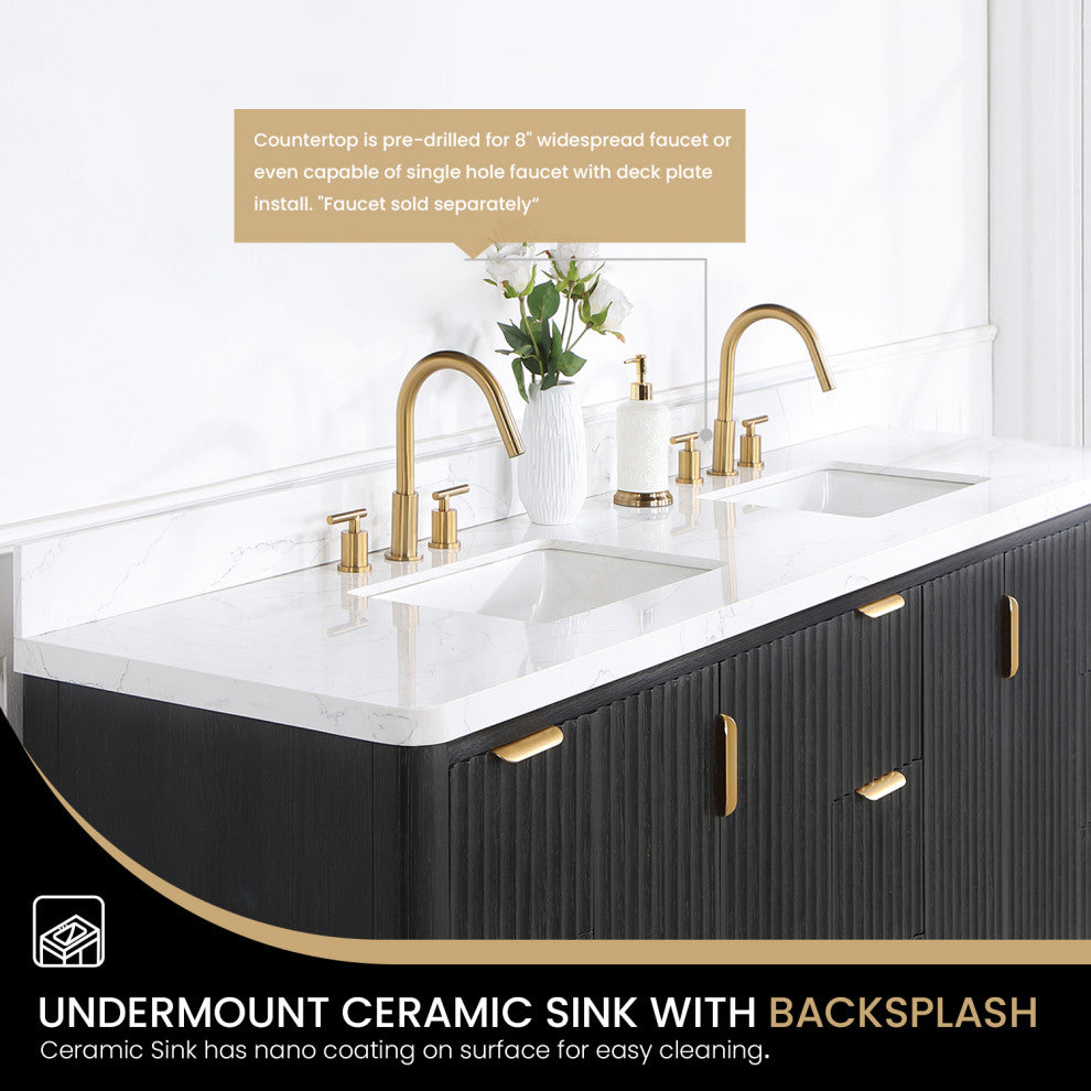 Vinnova Cadiz Bath Vanity, Composite Stone Top, Black, 84", No Mirror
