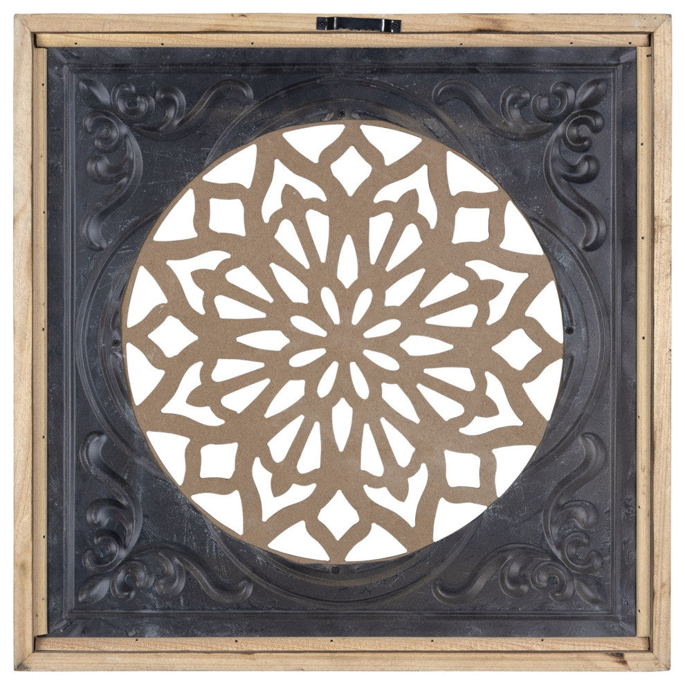 Blue Ethnic Wood and Metal Square Wall Plaque