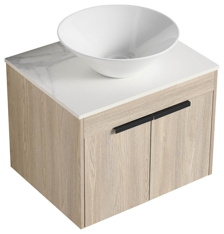 Wall-Mounted Bath Vanity, White Oak, White Ceramic Vessel Sink