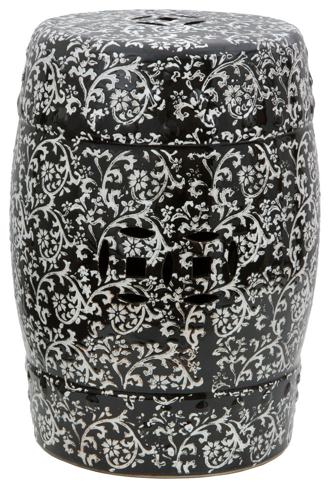 18" Black and White Floral Porcelain Garden Stool