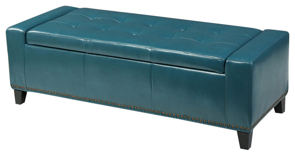 GDF Studio Robin Studded Beige Fabric Storage Ottoman Bench, Teal
