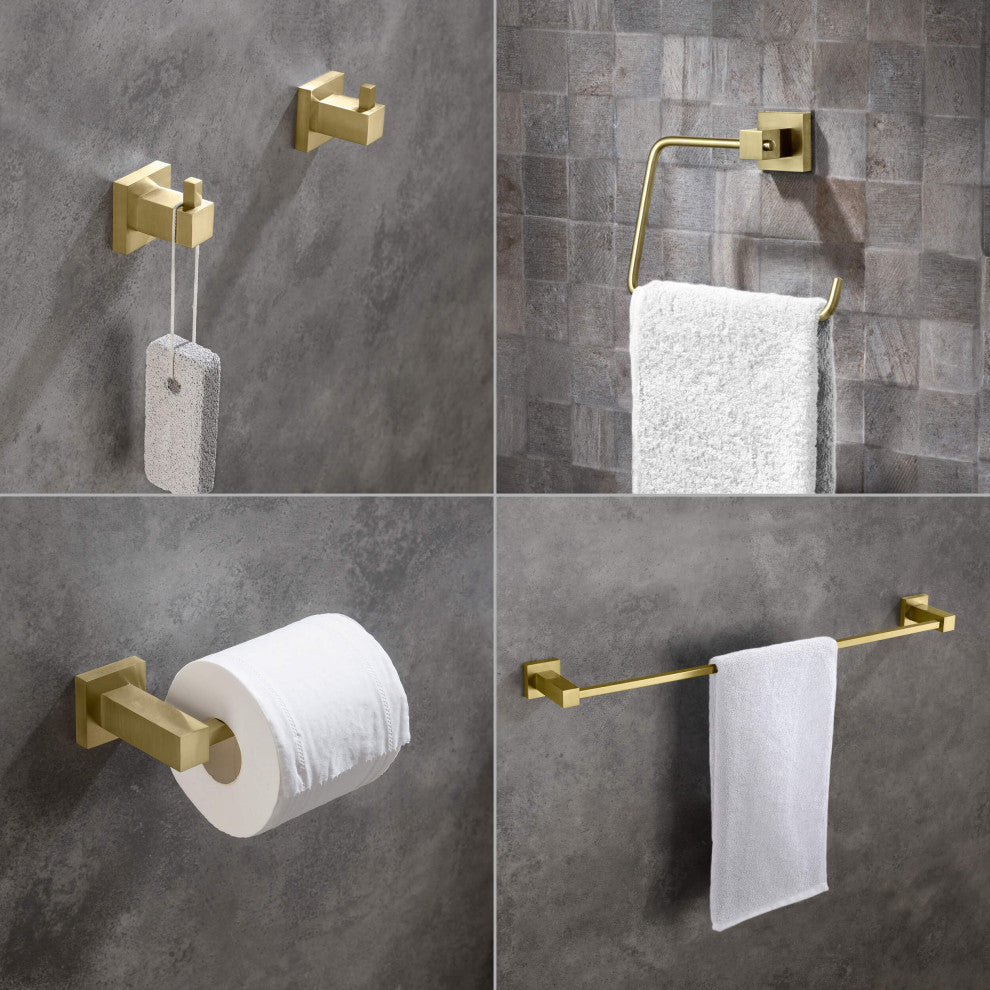 Cube 5-Piece Bathroom Hardware Set, Brushed Gold