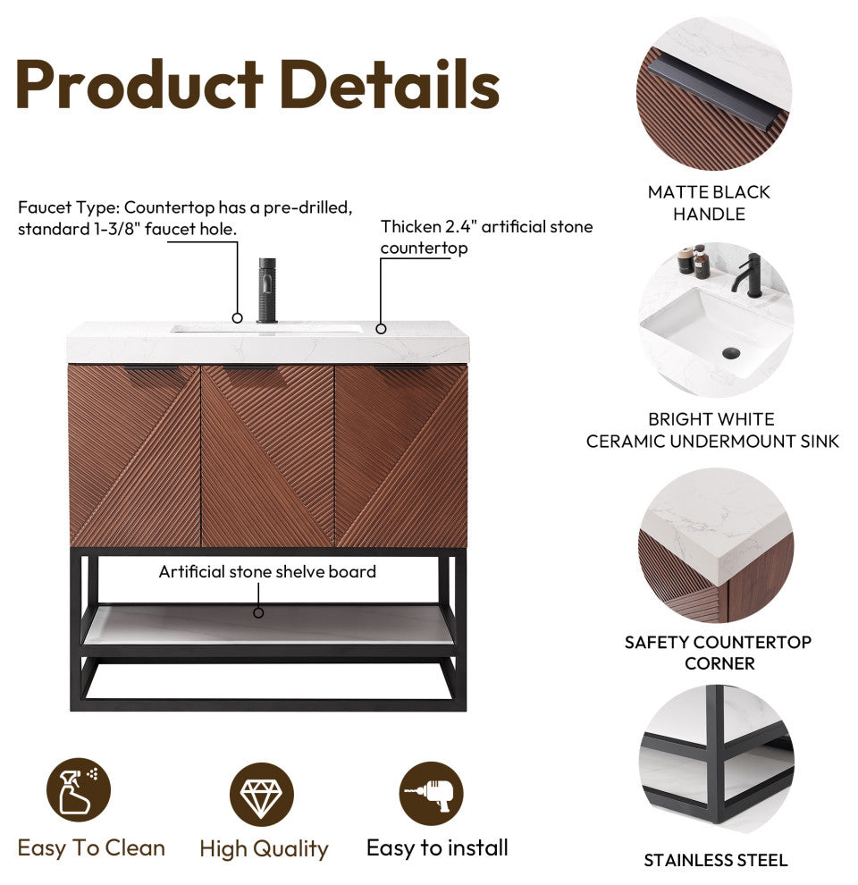 Mahon Bath Vanity, Stone Top, Matte Black Base, 36", Single Vanity, No Mirror