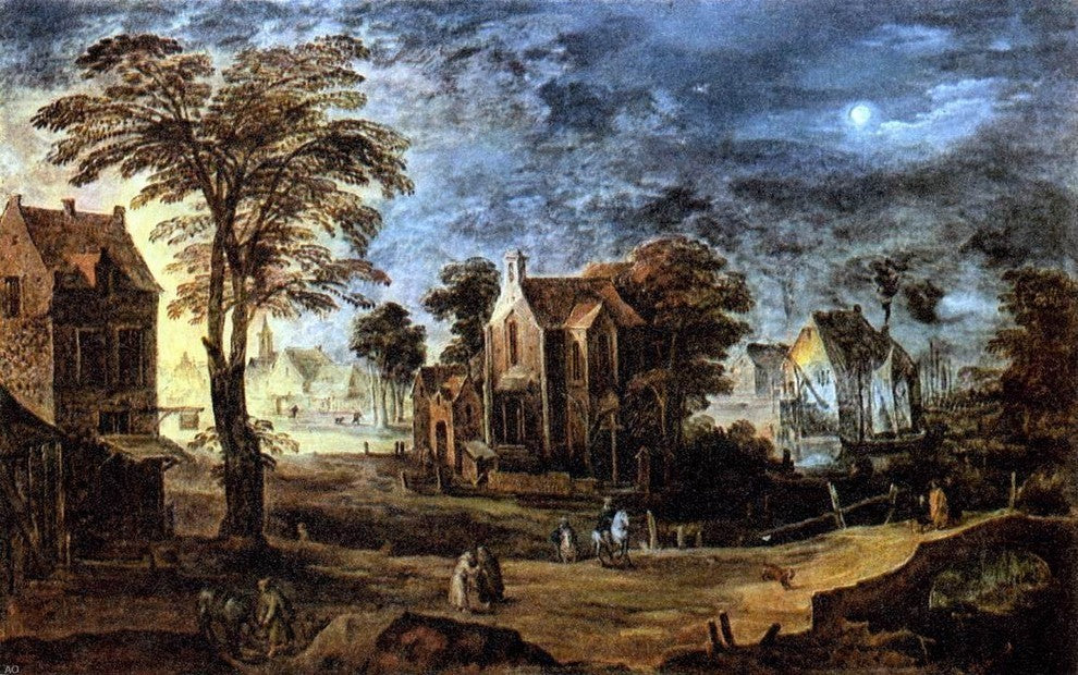 Joos De Momper Village at Full Moon Premium Canvas Print
