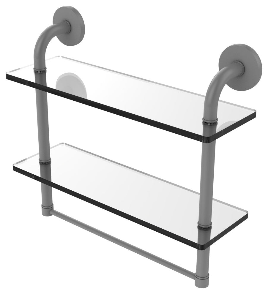 Remi 16" Two Tiered Glass Shelf with Towel Bar, Matte Gray
