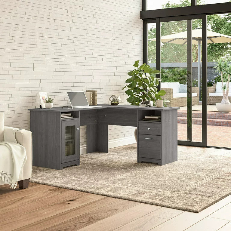 L-Shaped Desk, Worktop With USB Charging Ports & Cable Management, Modern Gray