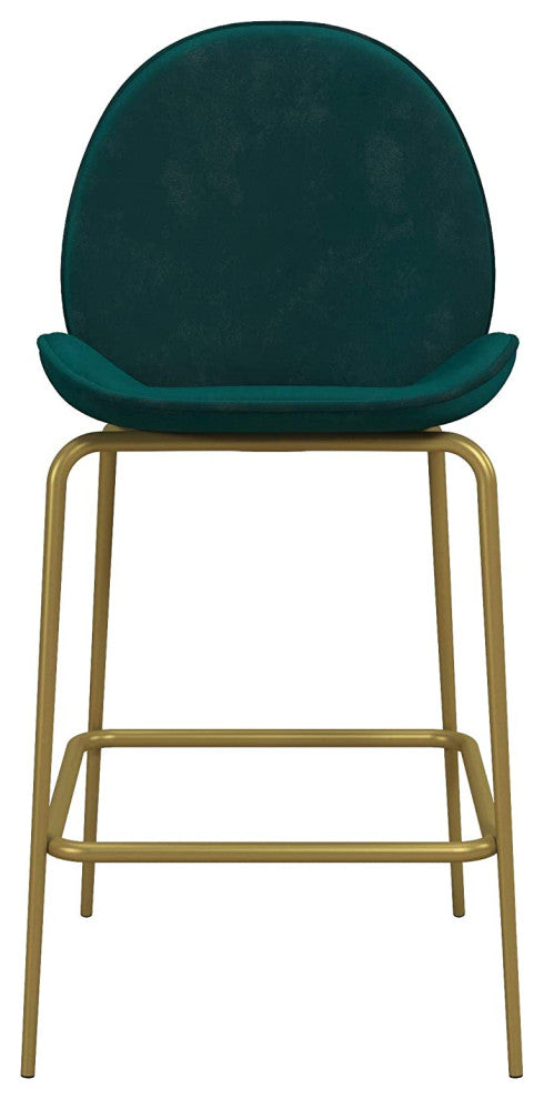 Upholstered Green Velvet Counter Stool with Brass Metal Leg