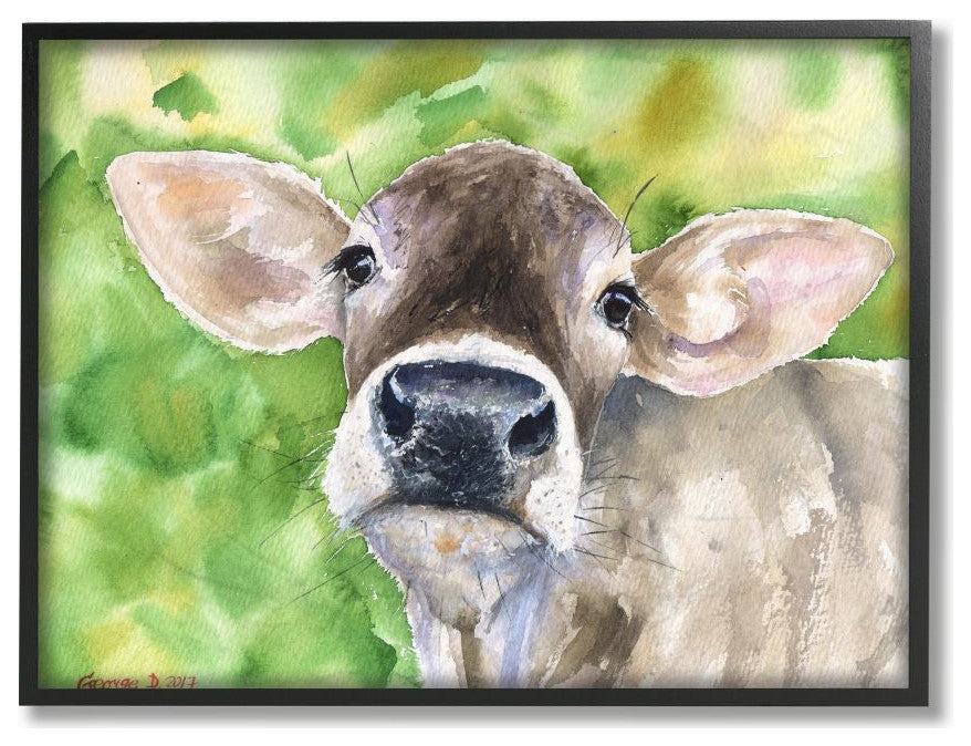 Cute Baby Cow Animal Green Watercolor Painting, 24"x30"