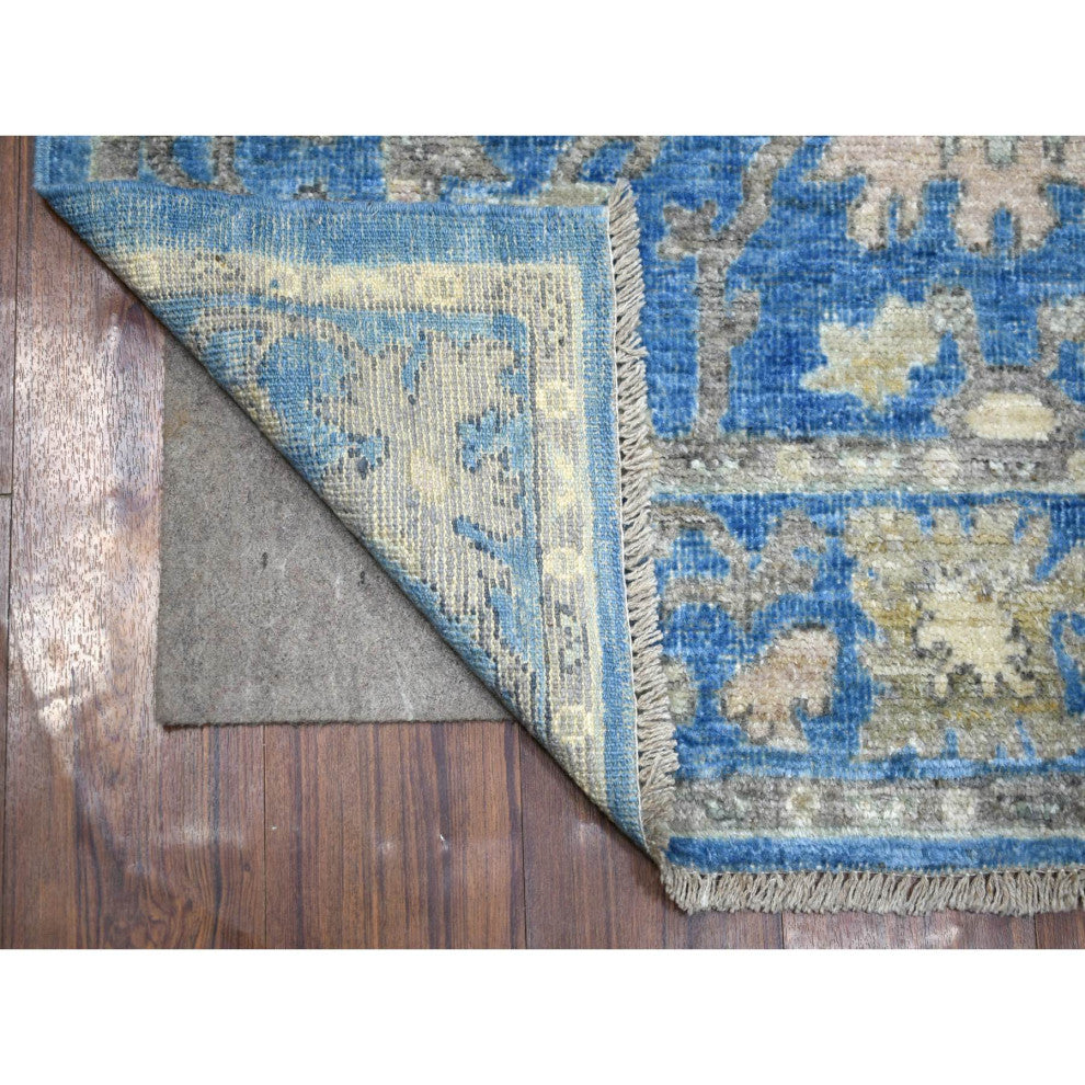 Blue Angora Oushak Bold Colors Leaf Design, Hand Knotted Wool Rug, 4'0"x6'0"