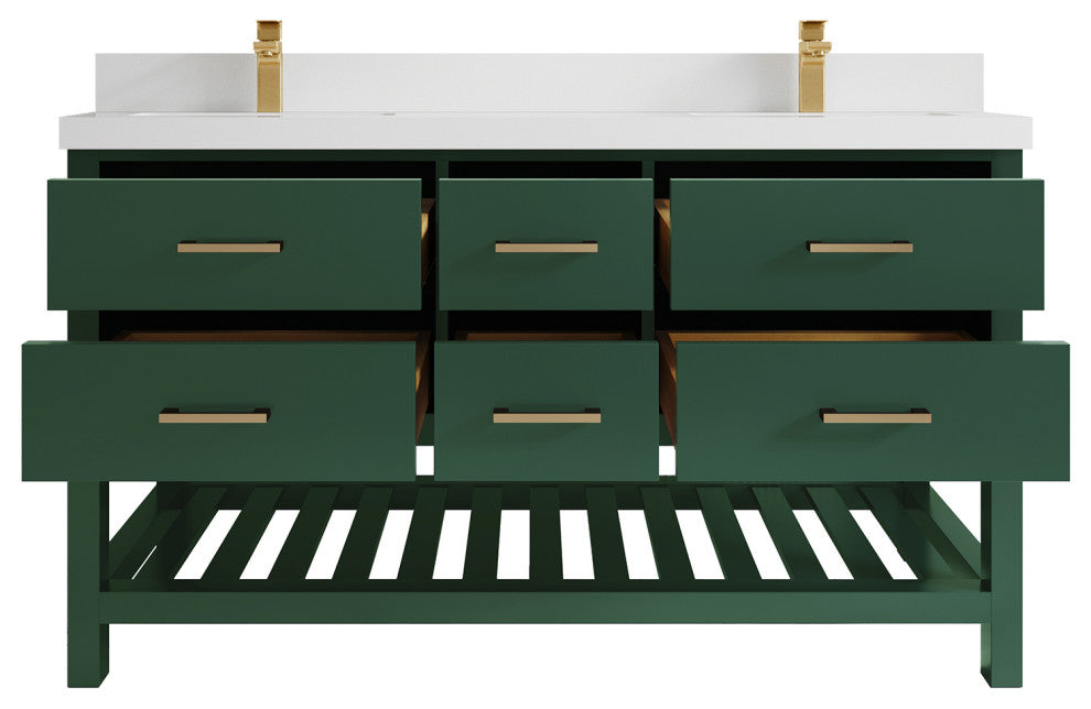 Parker 60 Double Sink Bathroom Vanity in Lafayette Green  2" White Quartz