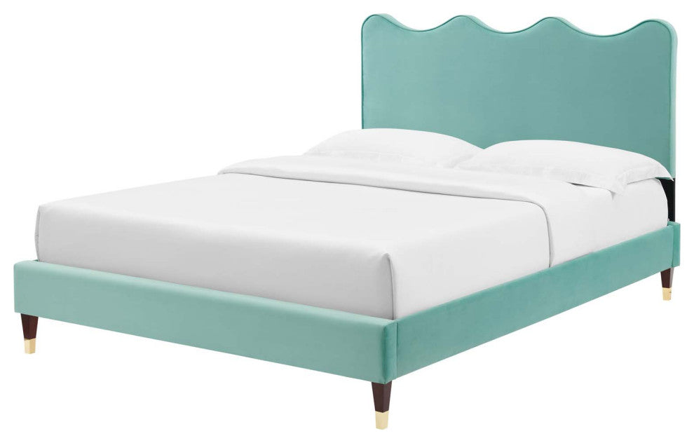 Platform Bed Frame, Queen Size, Blue, Velvet, Modern, Bedroom Guest Suite