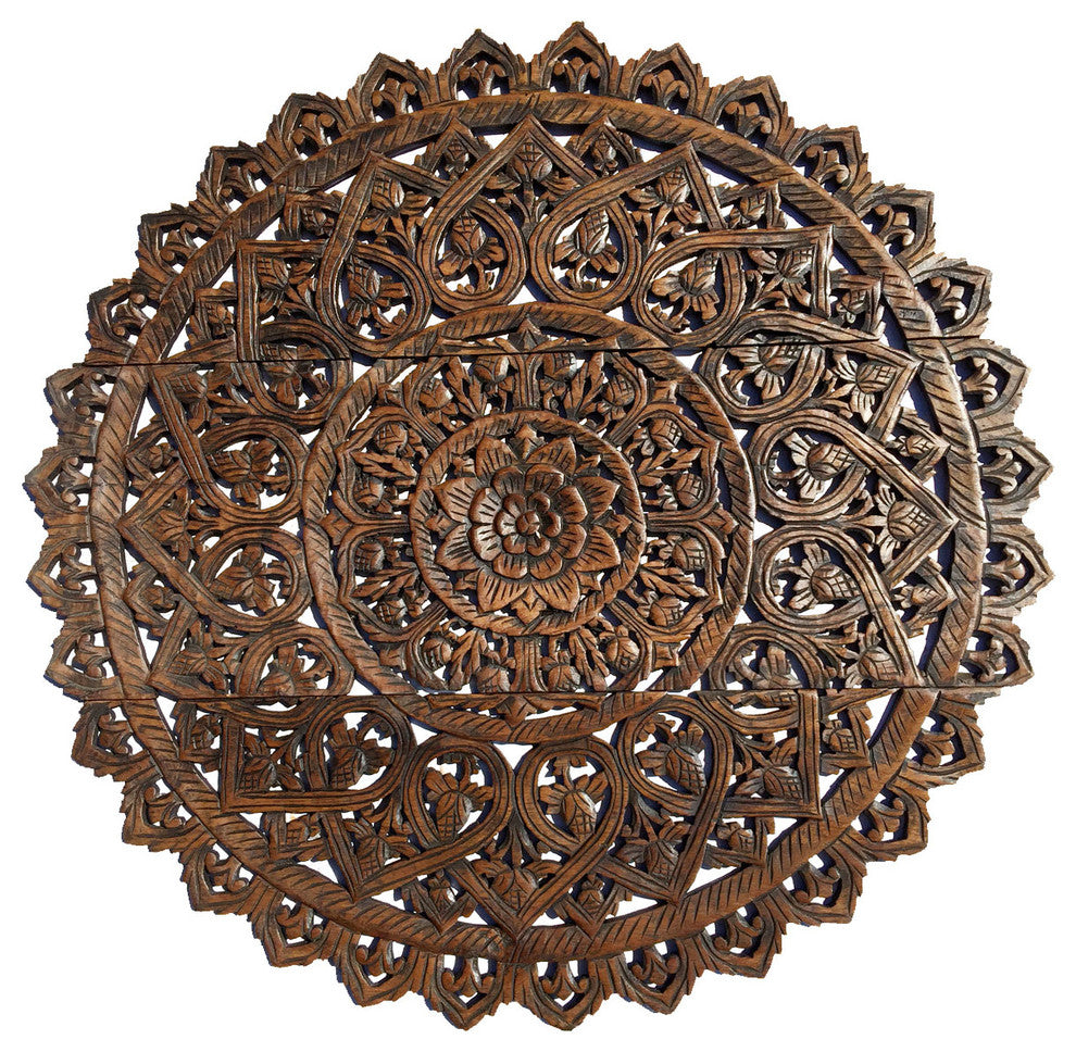 Round Lotus Flower Wood Carved Wall Plaque Home Decor, Brown, 36"x36"