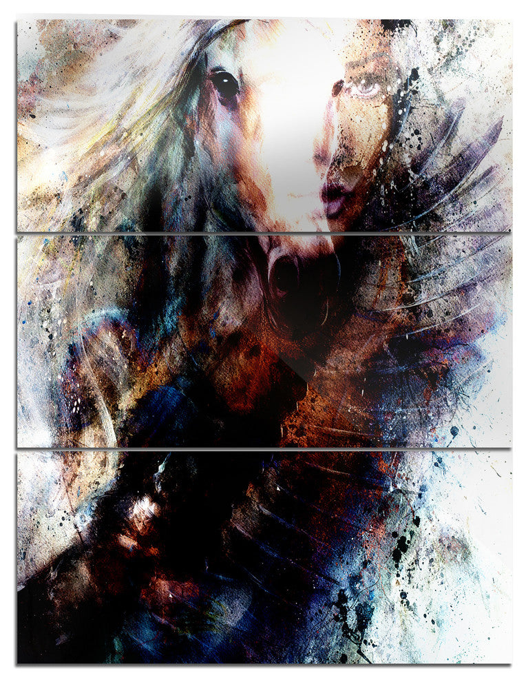 "Woman and Horse With Flying Eagle" Collage Metal Wall Art, 3 Panels, 28"x36"