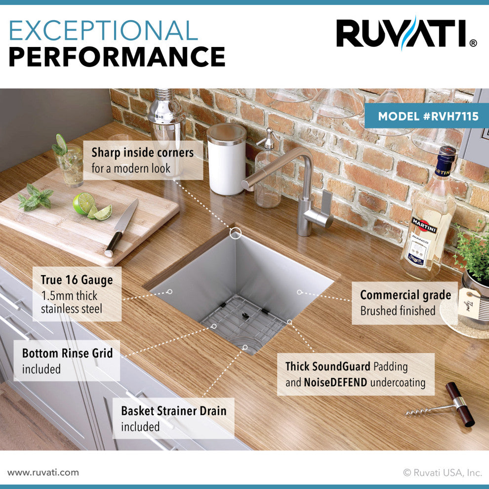 Ruvati RVH7115 15x15" 16 Gauge Zero Raduis Bar Prep Square Kitchen Sink