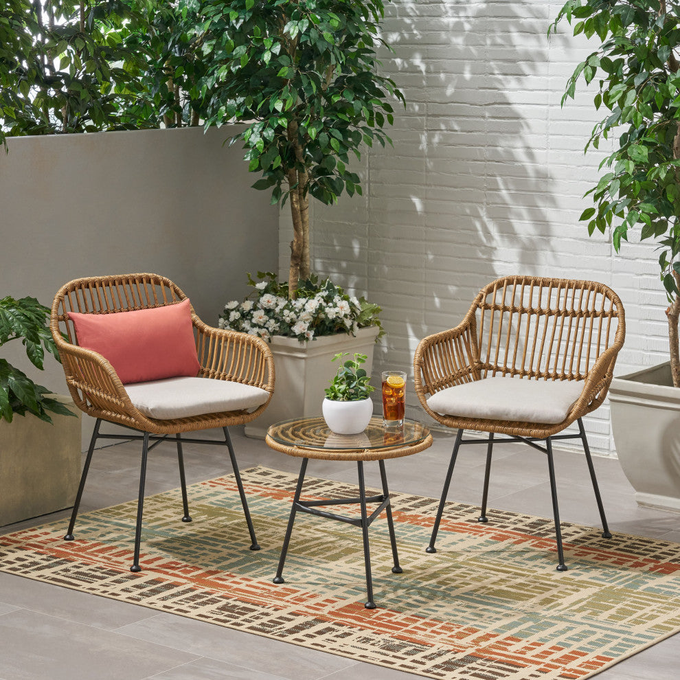 Lesley Faux Wicker 2 Seater Chat Set with Tempered Glass Table, Brown