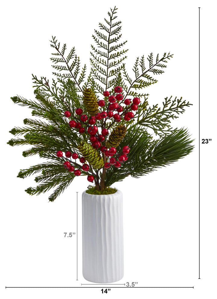 23" Mixed Pine, Pinecone and Berry Artificial Arrangement, White Vase