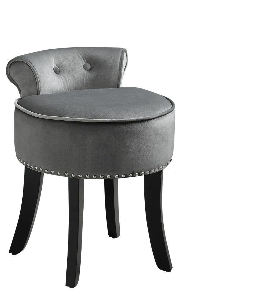 Ludovic Velvet Contemporary Nailhead Trim Rolled Back Vanity Stool, Light Gray