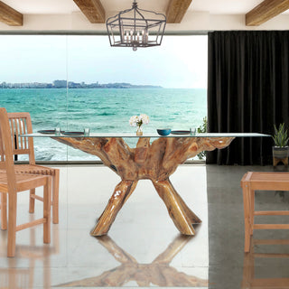 Teak Wood Root Dining Table With Glass Top, 71x40"