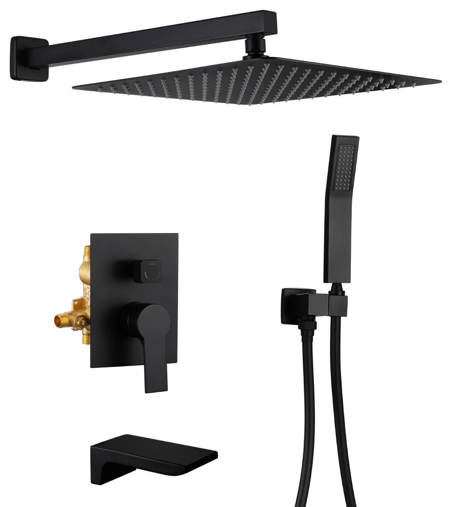 Wellfor Rainfall Shower Faucet, 12" Rain Shower Head With Handheld Combo Set, Black