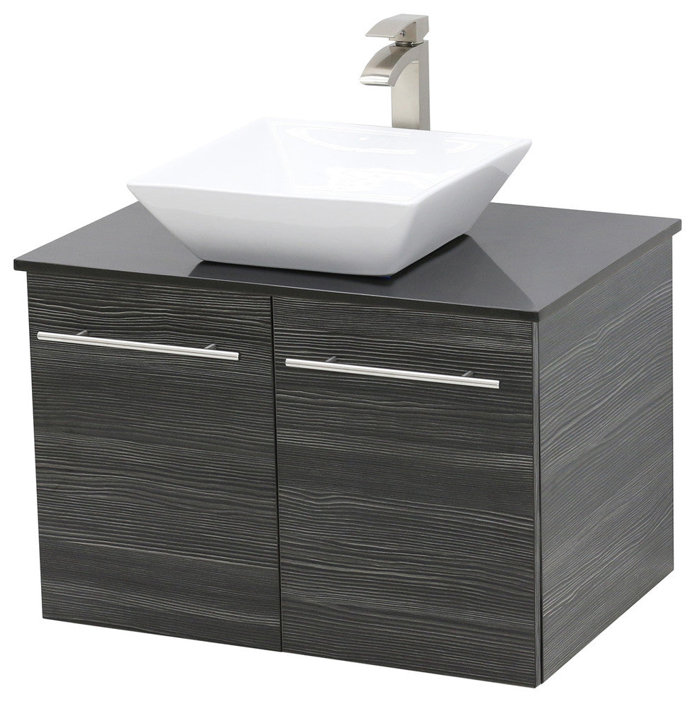 30" Wall Mount Vanity, Black Stone Countertop, Dark Grey