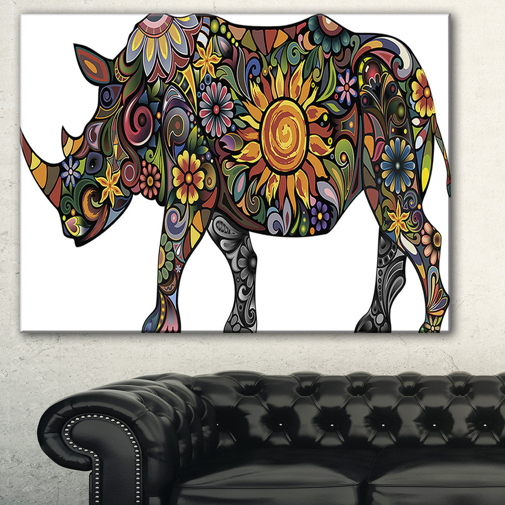 "Cheerful Rhinoceros on White" Animal Digital Canvas Print, 32"x16"