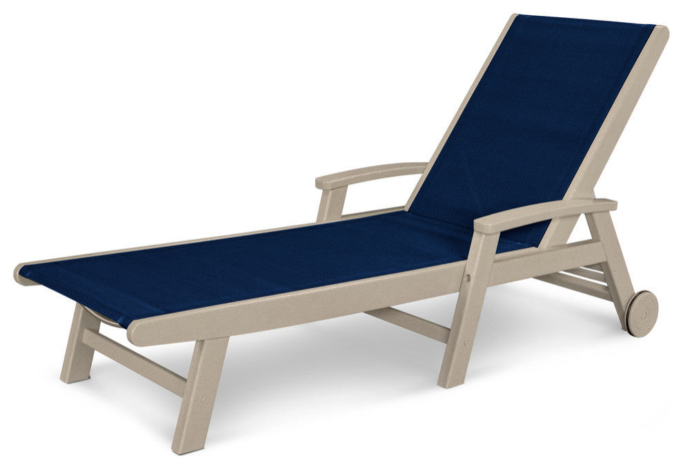 Coastal Chaise With Wheels, Sand / Navy Blue Sling
