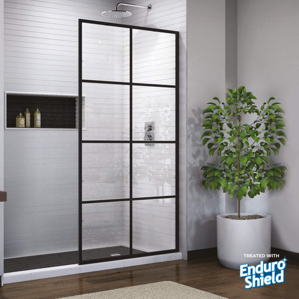 Madeira Grid Pattern Fixed Shower Screen, EnduroShield, Matte Black, 36"x76"