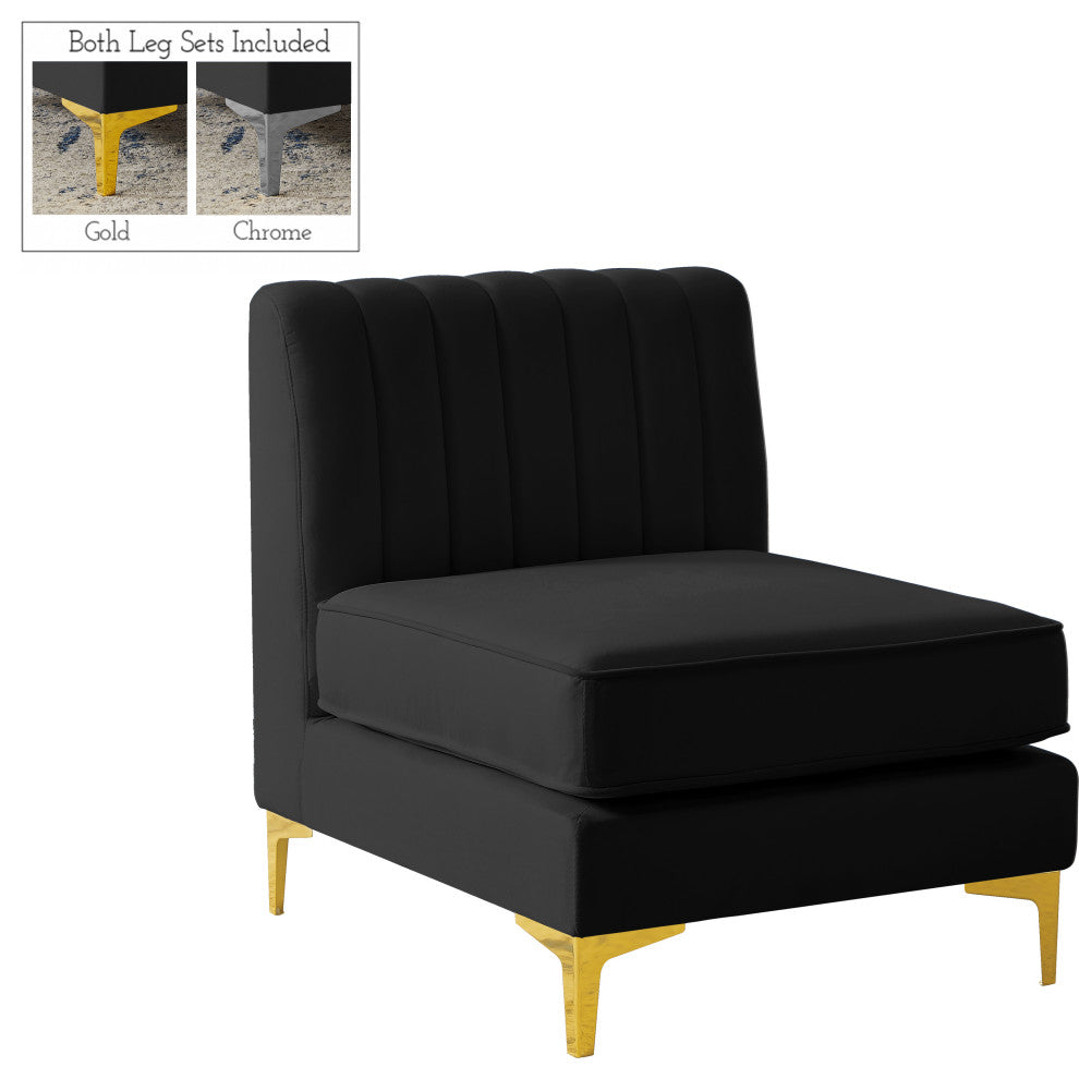 Alina Velvet Upholstered Modular Armless Chair, Black