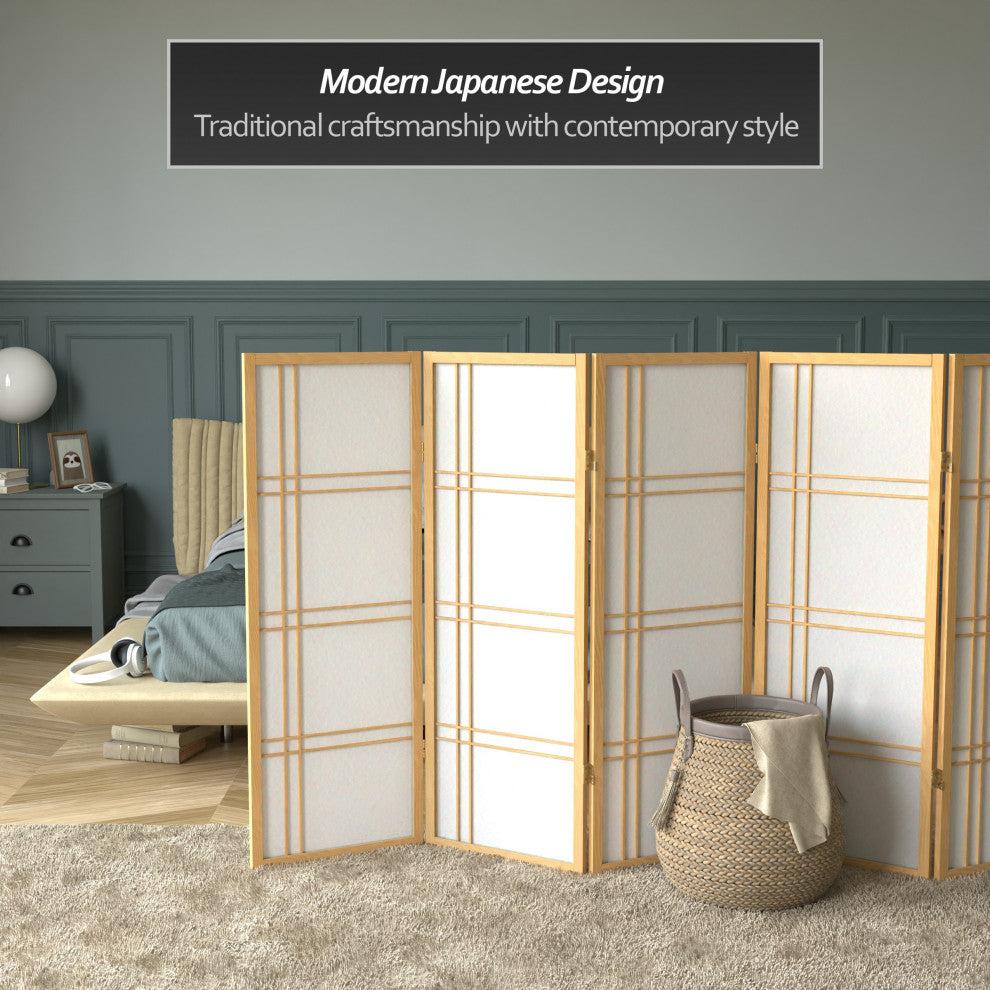 4' Tall Double Cross Shoji Screen, Natural, 6 Panels