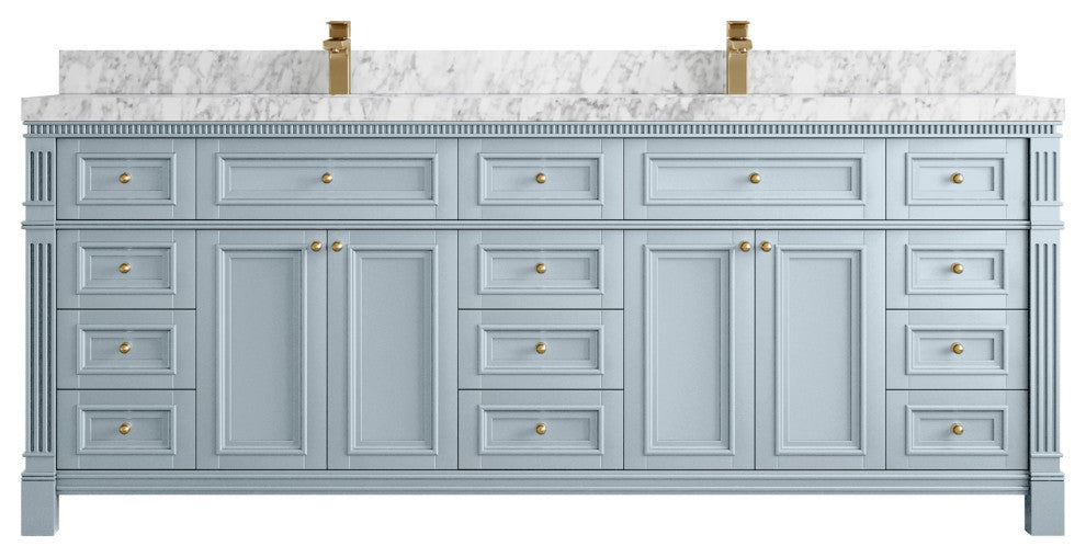 Paris 84" Double Sink Bathroom Vanity, Blue Heather 2" Carrara Marble