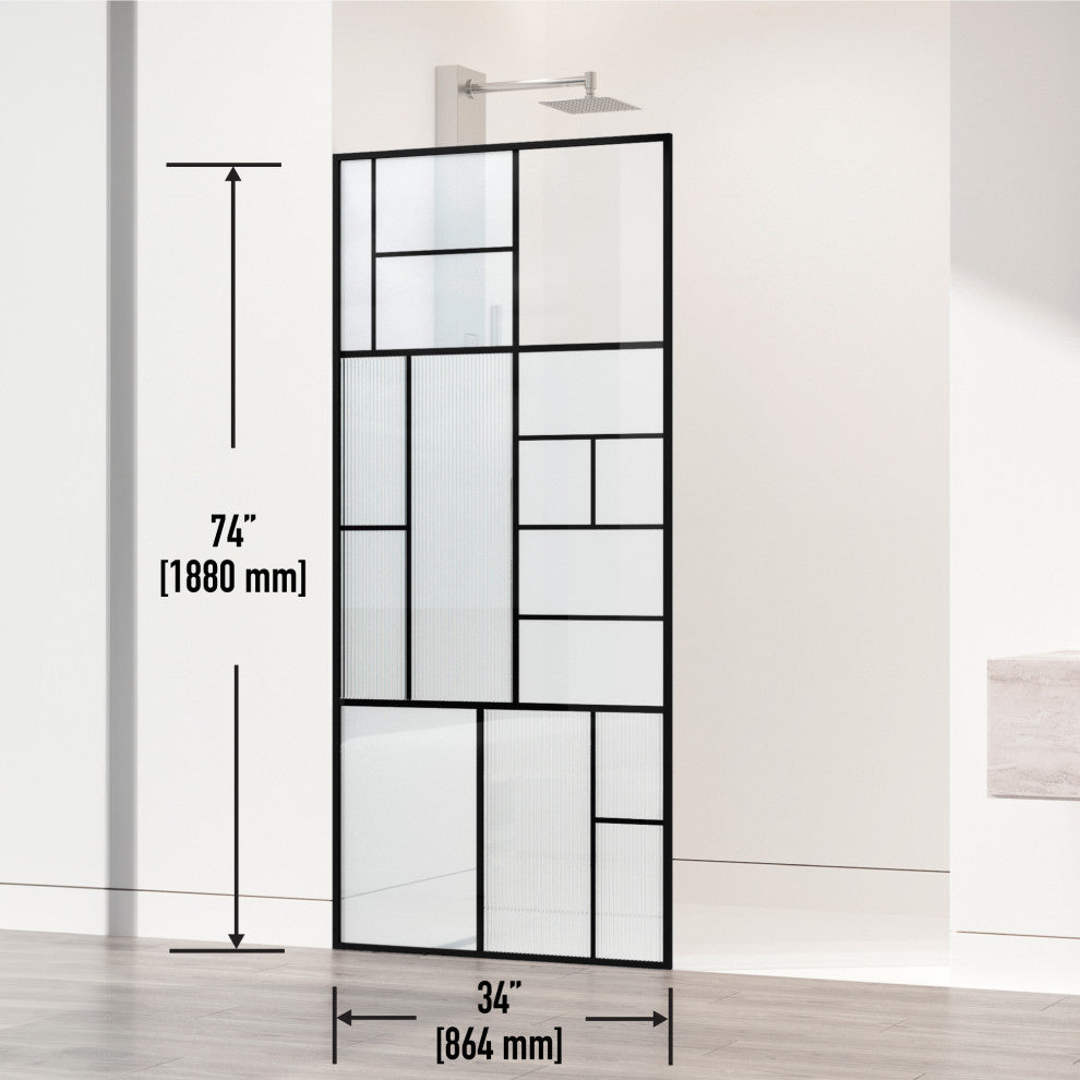 VIGO Meridian 34" W x 74" H Framed Shower Screen, Matte Black With Mixed Glass