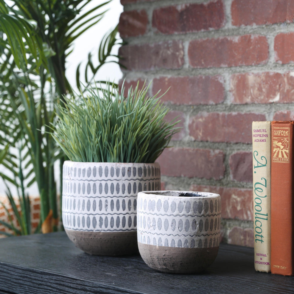 Round Ceramic Pot With Gray Oval Pattern Design, Gloss White, Set of 2