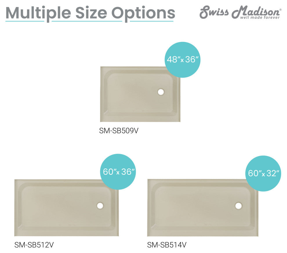 Voltaire 48"x36" Acrylic White, Single-Threshold, Center Drain, Shower Base, 60"