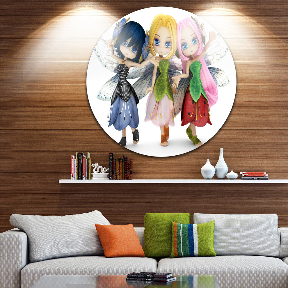 Fairy Friends Posing Together, Portrait Round Metal Wall Art, 11"