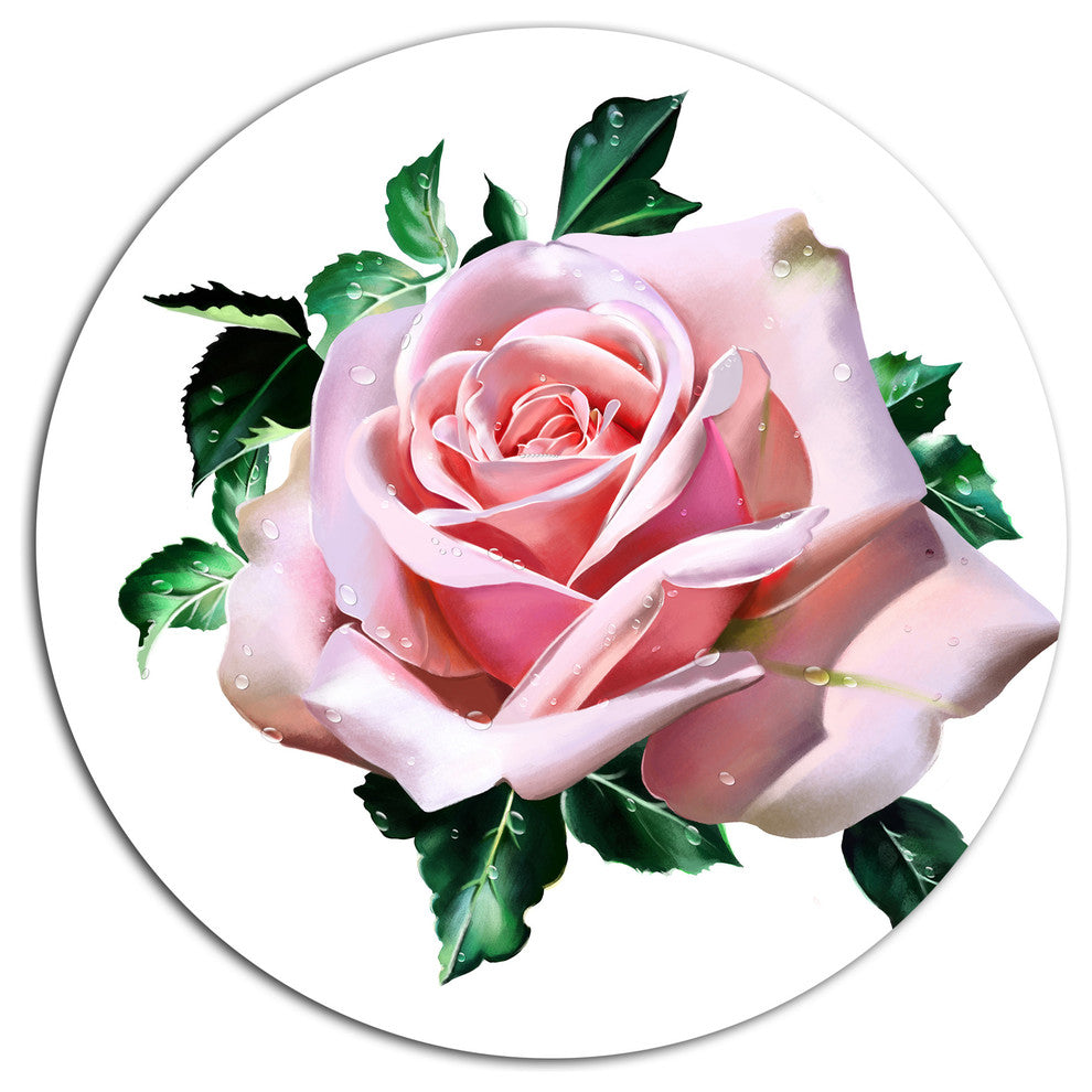 Watercolor Rose With Green Leaves, Floral Round Wall Art, 23"