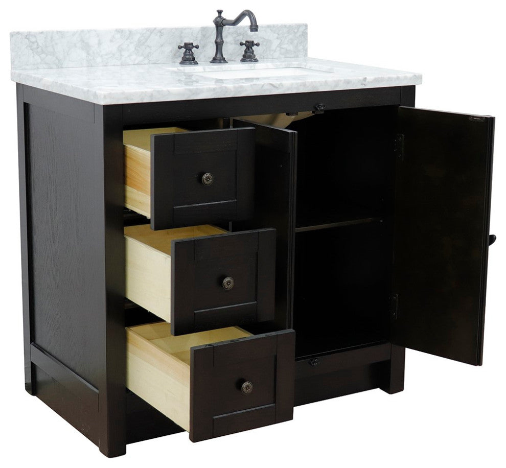 37" Vanity, Brown Ash With White Carrara Top, Right Doors/Right Rectangle Sink