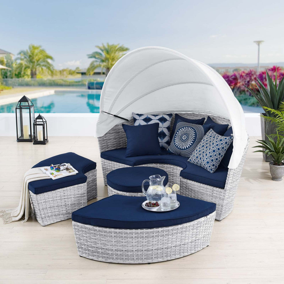 Daybed Sofa Bed, Sunbrella, Blue Navy Gray, Rattan, Wicker, Outdoor Patio