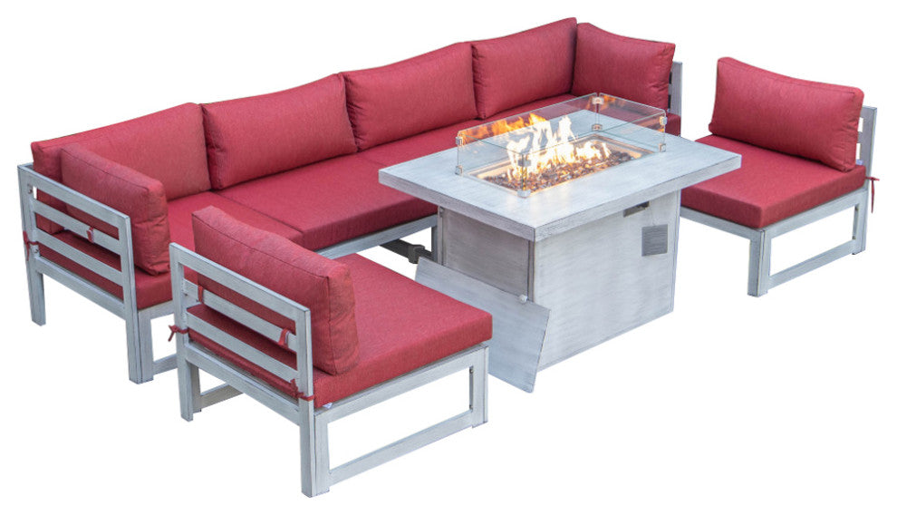 LeisureMod Chelsea 7-Piece Gray Patio Sectional With Fire Pit Table, Red
