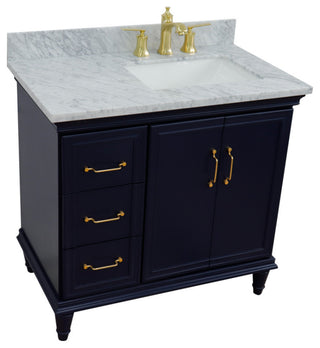 37" Single Vanity, Blue Finish With White Carrara