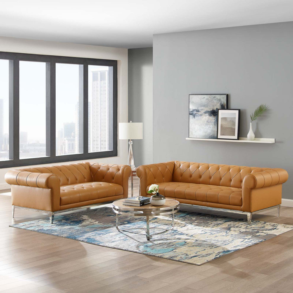 Tufted Loveseat and Sofa Set, Leather, Tan, Modern, Living Lounge Hospitality