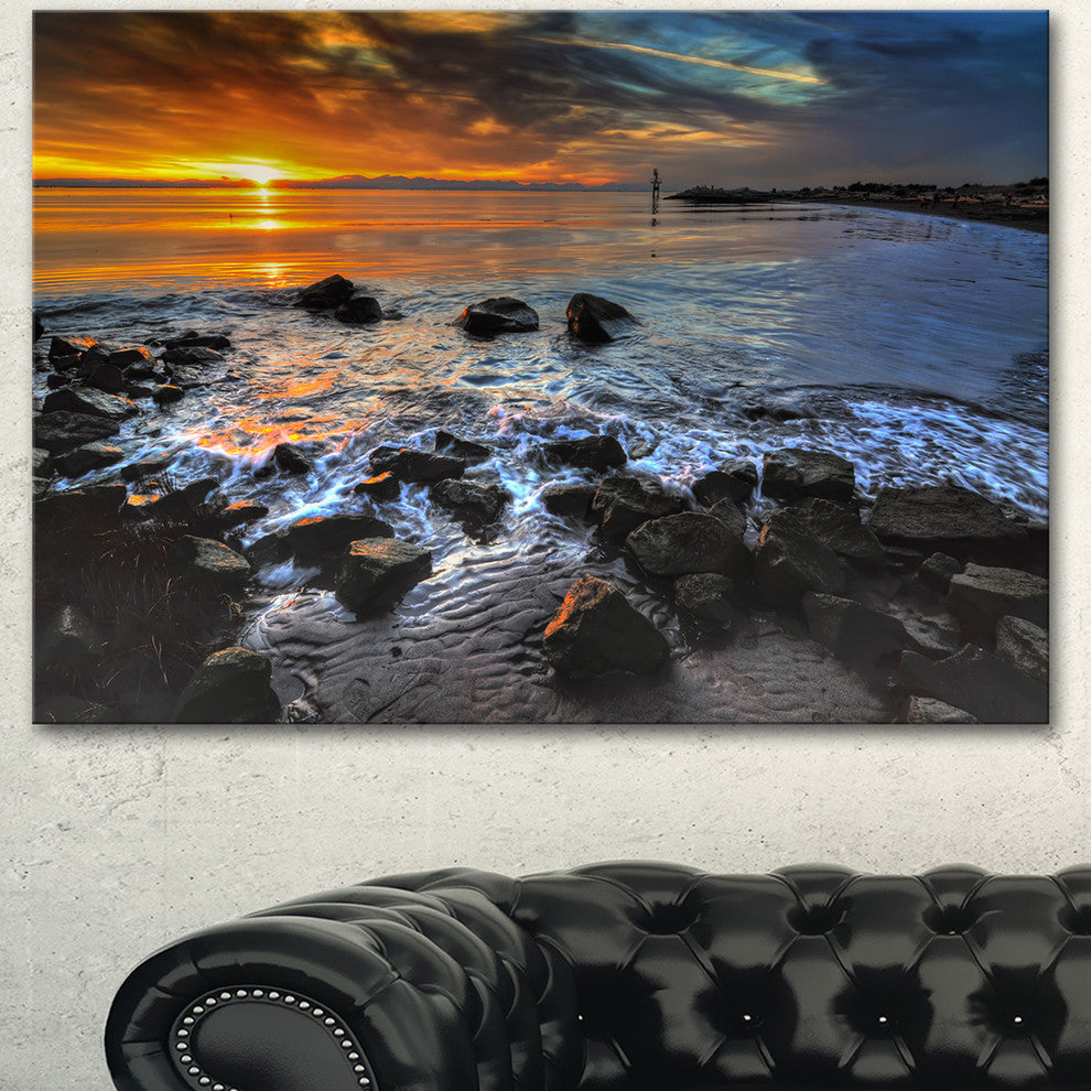 Sunset over Rocky Ocean Shore, Large Landscape Canvas Art Print, 60"x28"